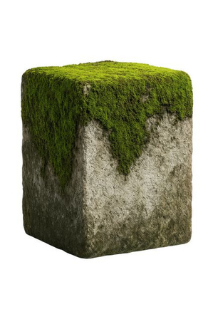 Cube of stone topped with moss