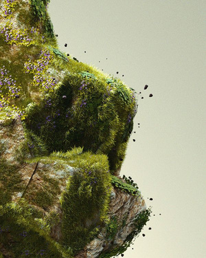 Moss-covered rock breaking apart